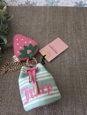 Juicy Couture Pink Strawberry Charm Keychain , Drawstring Bag With Strap